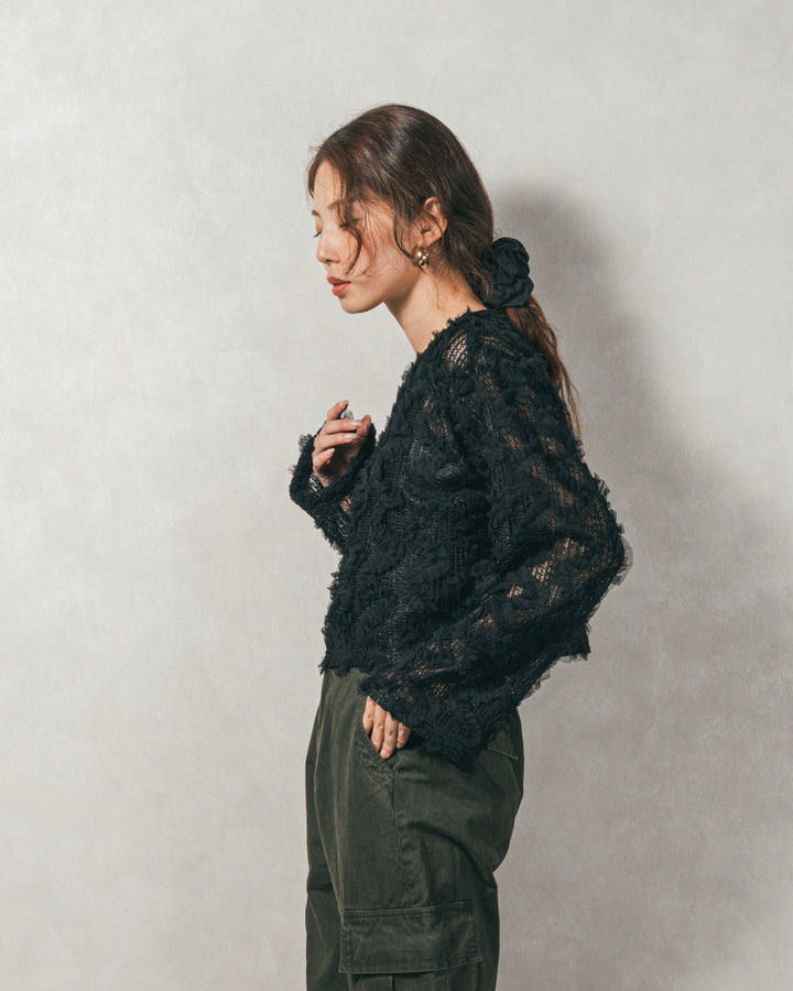 ［SET］チュールメッシュクロップドトップス+すっきり見えカップ付きキャミ+ピグメントツイルカーゴパンツ（3SET）