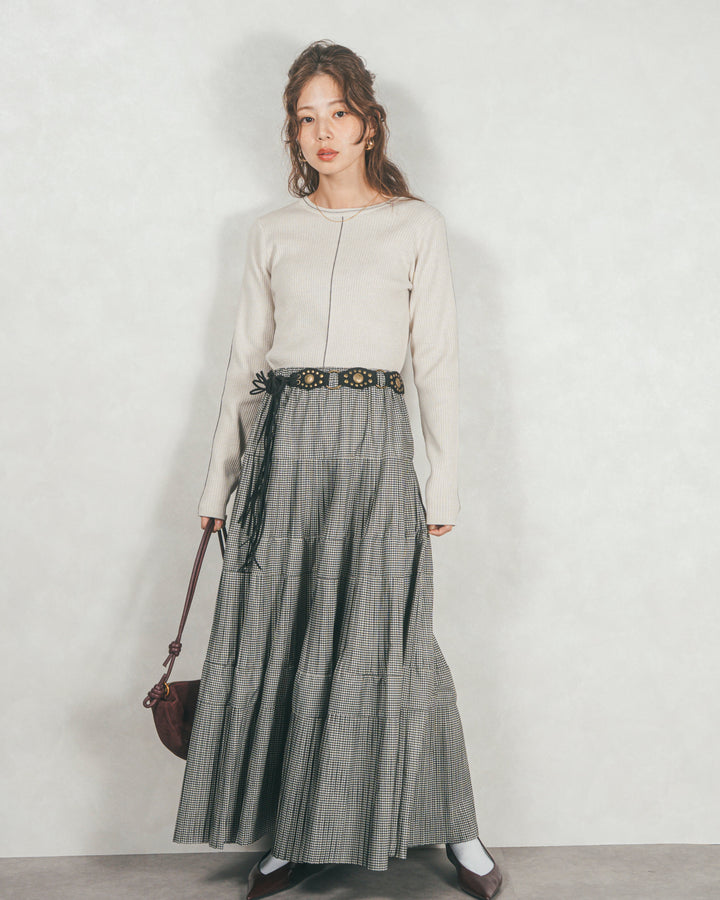［SET］Line Rib クルーネックニット+プリーツティアードLongスカート