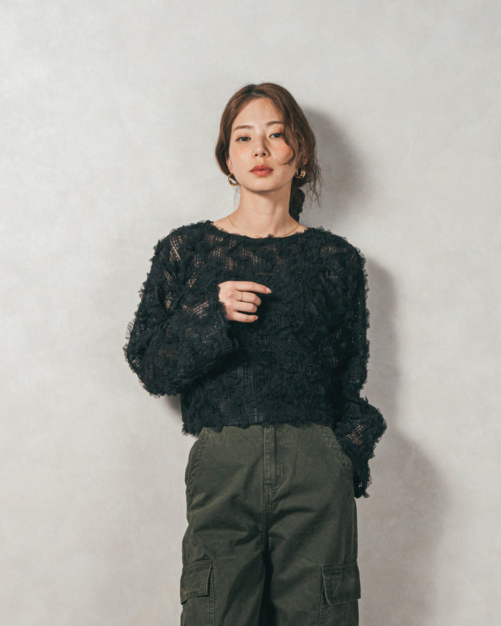 ［SET］チュールメッシュクロップドトップス+すっきり見えカップ付きキャミ+ピグメントツイルカーゴパンツ（3SET）