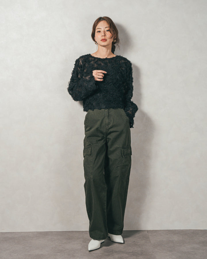 ［SET］チュールメッシュクロップドトップス+すっきり見えカップ付きキャミ+ピグメントツイルカーゴパンツ（3SET）