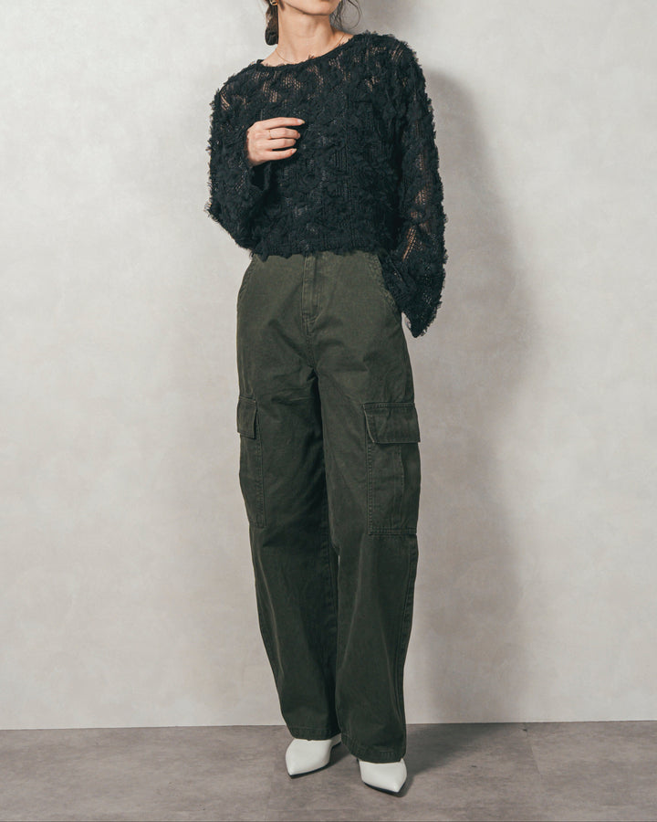 ［SET］チュールメッシュクロップドトップス+すっきり見えカップ付きキャミ+ピグメントツイルカーゴパンツ（3SET）