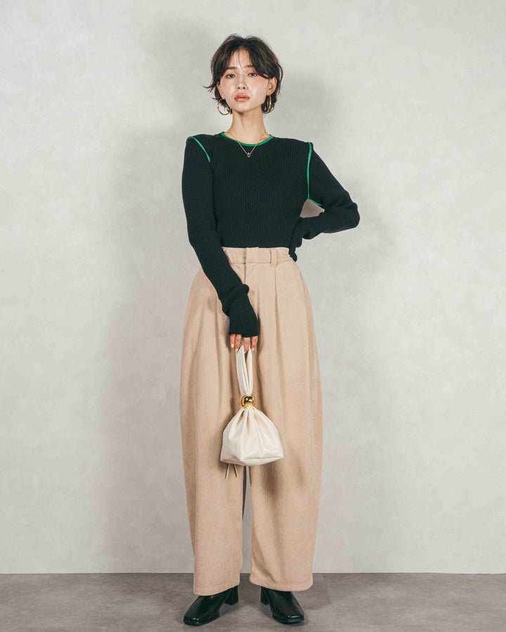 バイカラークルーネックニットトップス (BLACK x GREEN)