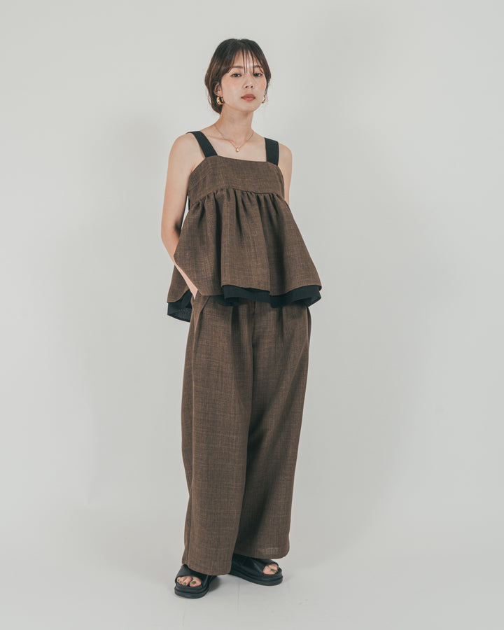 ［SET］スラブTweedバイカラーティアードキャミ + スラブTweedタックワイドパンツ（2SET）
