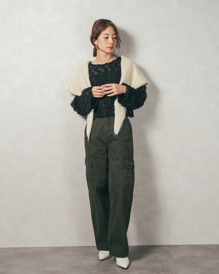 ［SET］チュールメッシュクロップドトップス+すっきり見えカップ付きキャミ+ピグメントツイルカーゴパンツ（3SET）