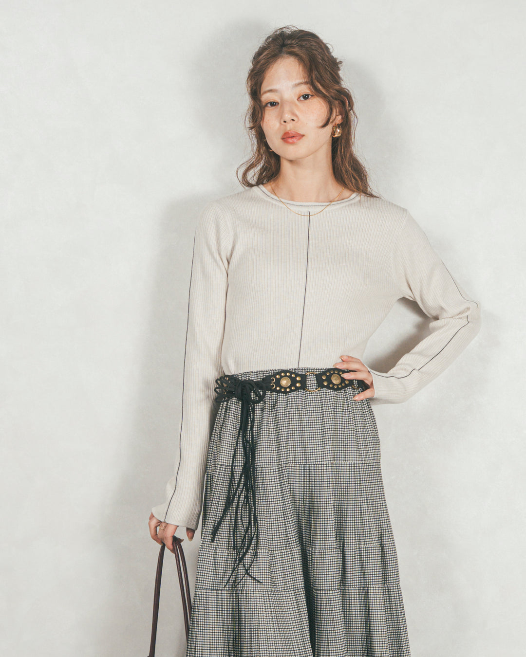 ［SET］Line Rib クルーネックニット+プリーツティアードLongスカート