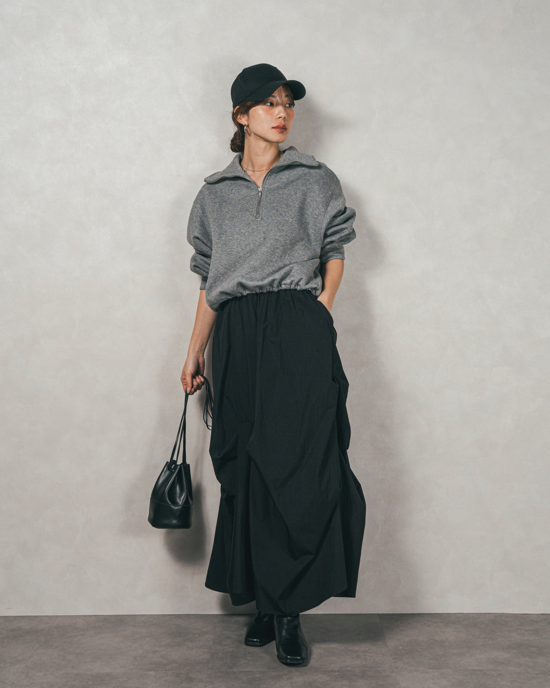 ［SET］裏起毛ハーフZipスウェット+ヴィンテージブロードランダムタックスカート（2SET）