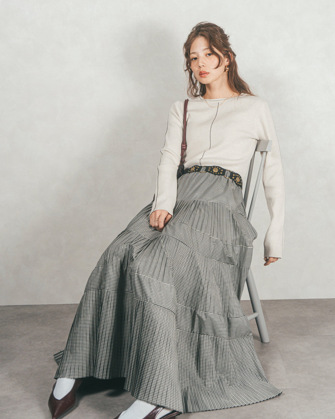 ［SET］Line Rib クルーネックニット+プリーツティアードLongスカート