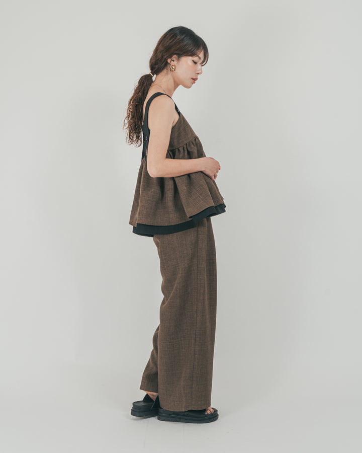 ［SET］スラブTweedバイカラーティアードキャミ + スラブTweedタックワイドパンツ（2SET）