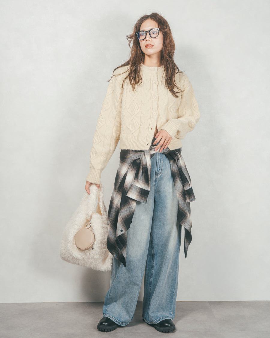 ［SET］ケーブルKnitクルーカーディガン+ワイドTuckイージーデニム（2SET）