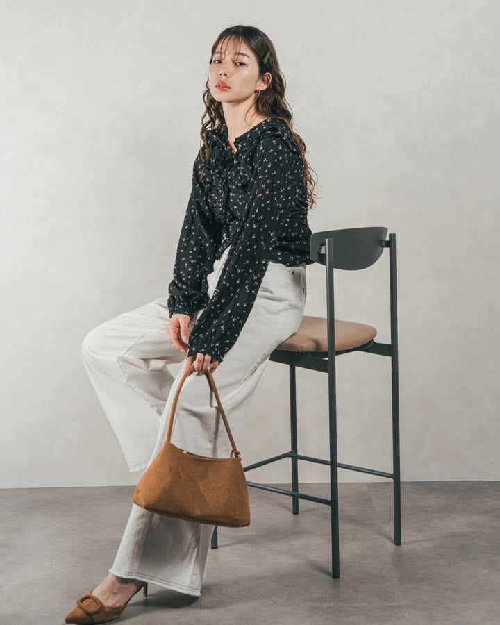 ［SET］Flowerプリントフリルブラウス + 10oz ニュアンスバイカラー リラックスワイドデニム（2SET）