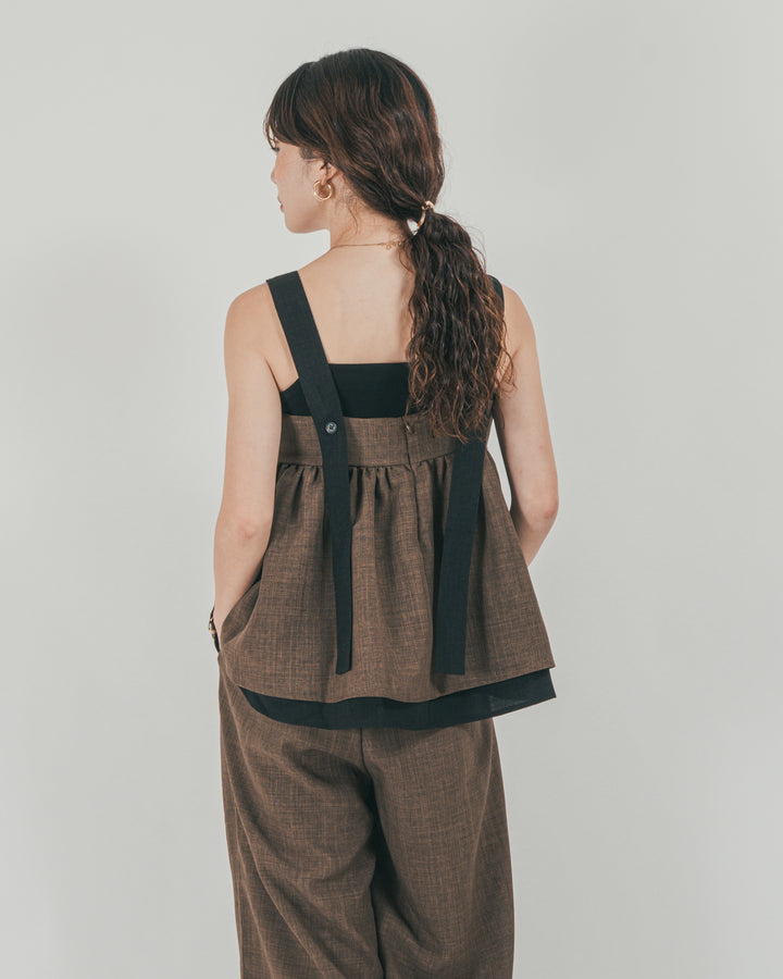 ［SET］スラブTweedバイカラーティアードキャミ + スラブTweedタックワイドパンツ（2SET）