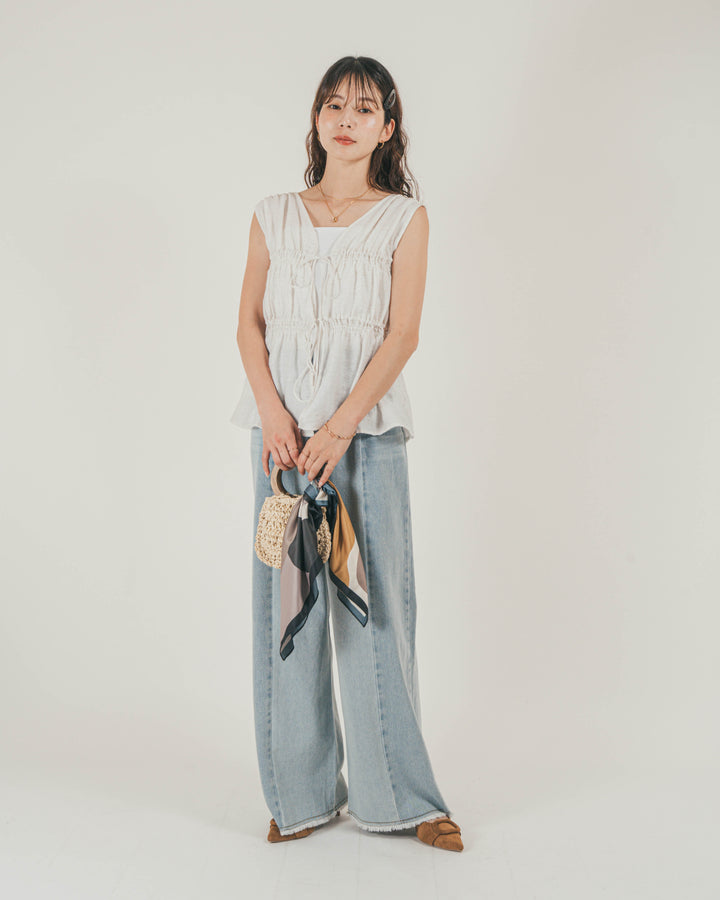［SET］リネンタッチShirringリボンブラウス + 10oz ニュアンスバイカラー リラックスワイドデニム（2SET）
