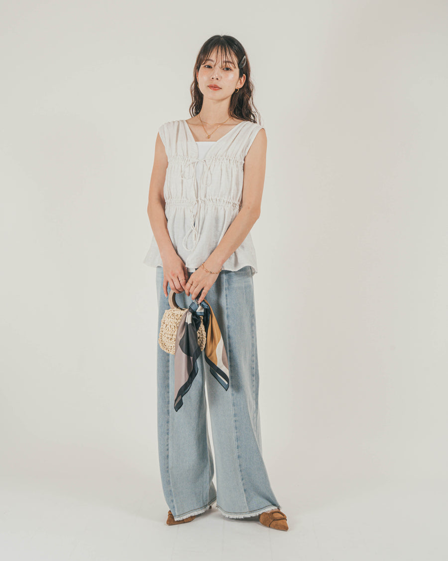 ［SET］リネンタッチShirringリボンブラウス + 10oz ニュアンスバイカラー リラックスワイドデニム（2SET）