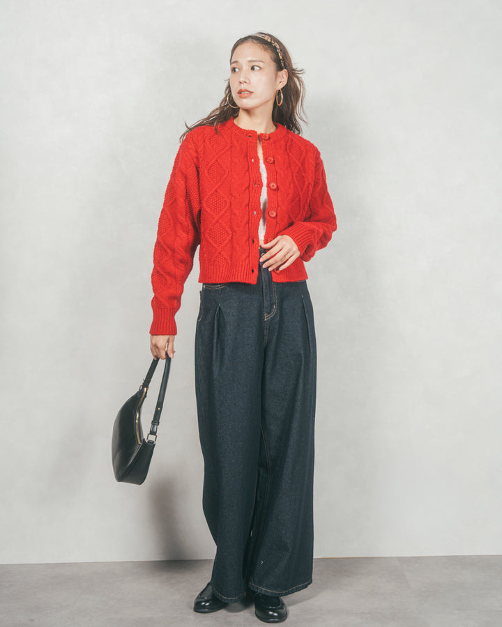 ケーブルKnitクルーカーディガン (RED)