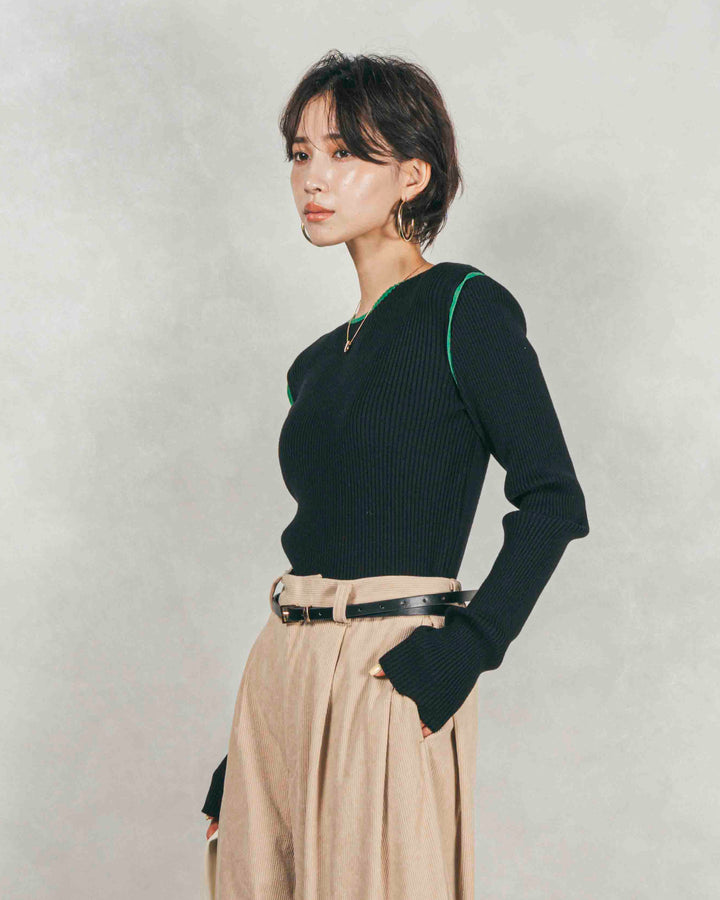 バイカラークルーネックニットトップス (BLACK x GREEN)