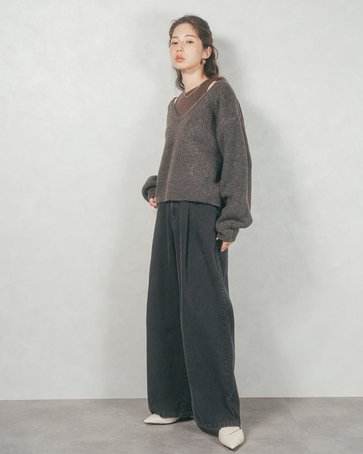 メランジVネックニットレイヤードセット (BROWN x DARK BROWN)
