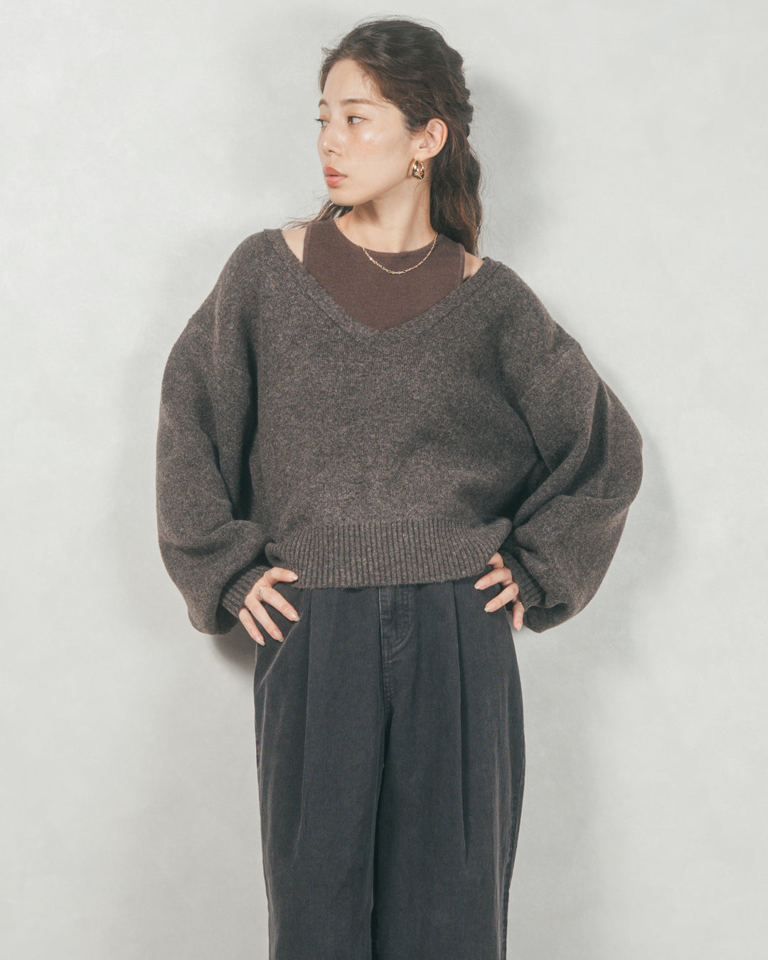 メランジVネックニットレイヤードセット (BROWN x DARK BROWN)