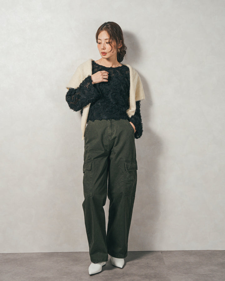 ［SET］チュールメッシュクロップドトップス+すっきり見えカップ付きキャミ+ピグメントツイルカーゴパンツ（3SET）