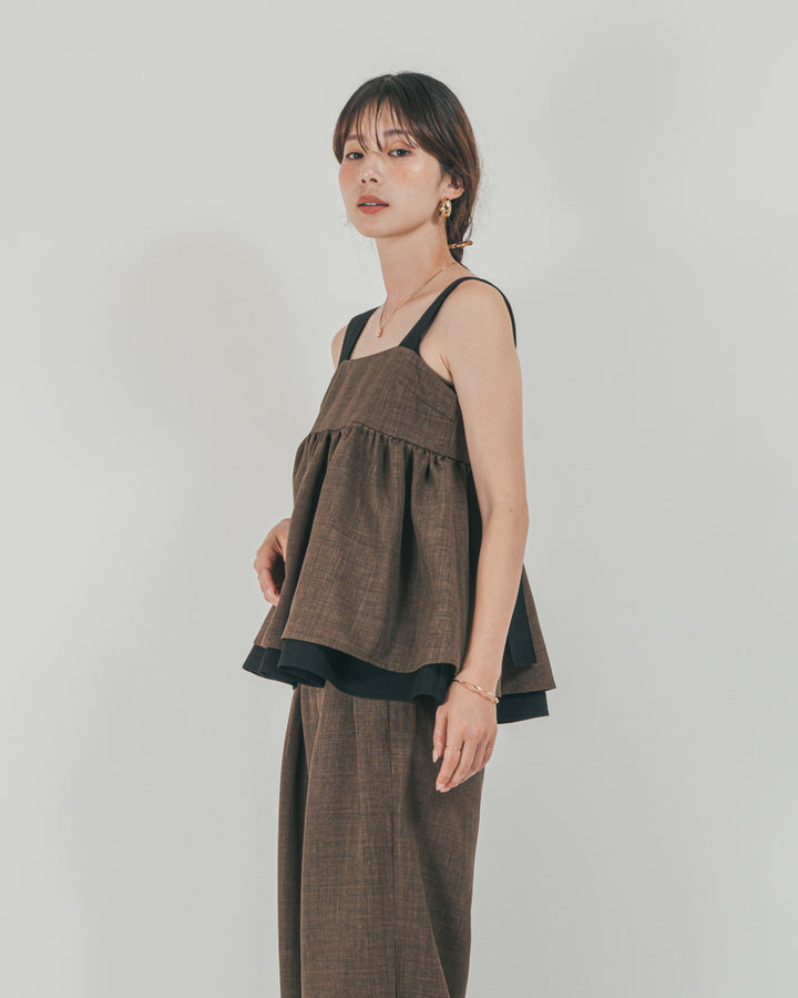 ［SET］スラブTweedバイカラーティアードキャミ + スラブTweedタックワイドパンツ（2SET）