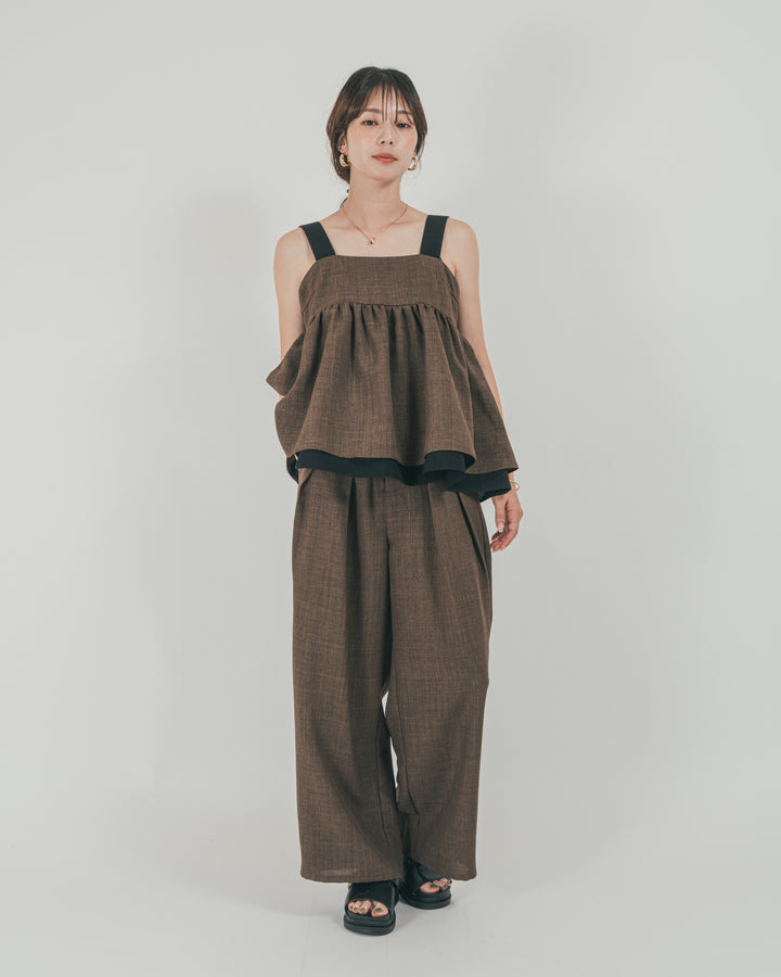 ［SET］スラブTweedバイカラーティアードキャミ + スラブTweedタックワイドパンツ（2SET）