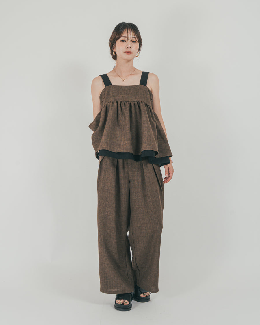 ［SET］スラブTweedバイカラーティアードキャミ + スラブTweedタックワイドパンツ（2SET）
