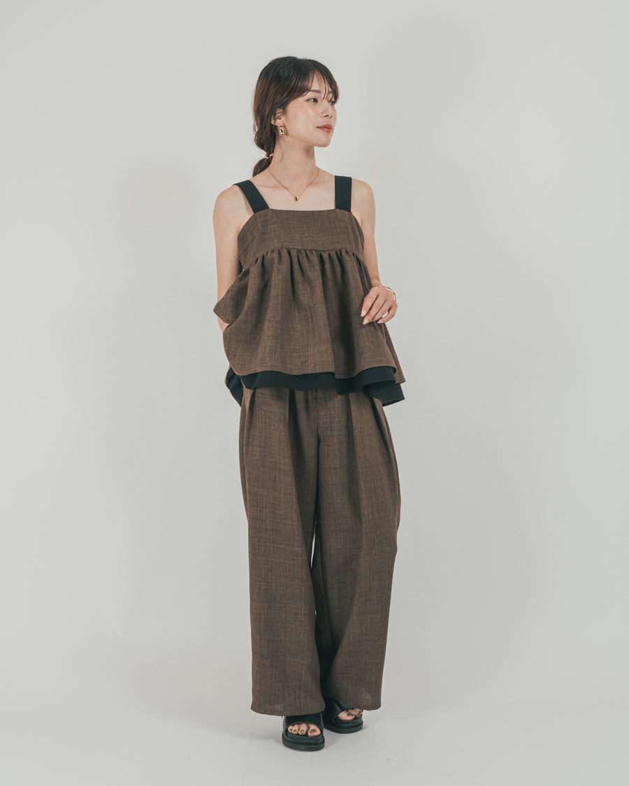 ［SET］スラブTweedバイカラーティアードキャミ + スラブTweedタックワイドパンツ（2SET）