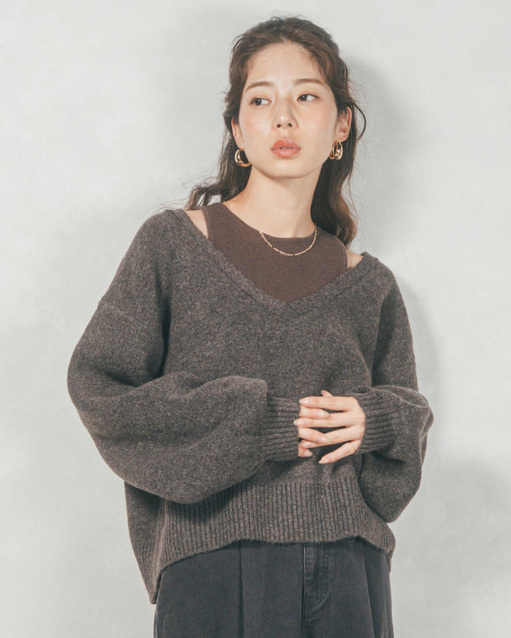 ［SET］メランジVネックニットレイヤードセット+Mellowサテン セミフレアスカート（2SET）