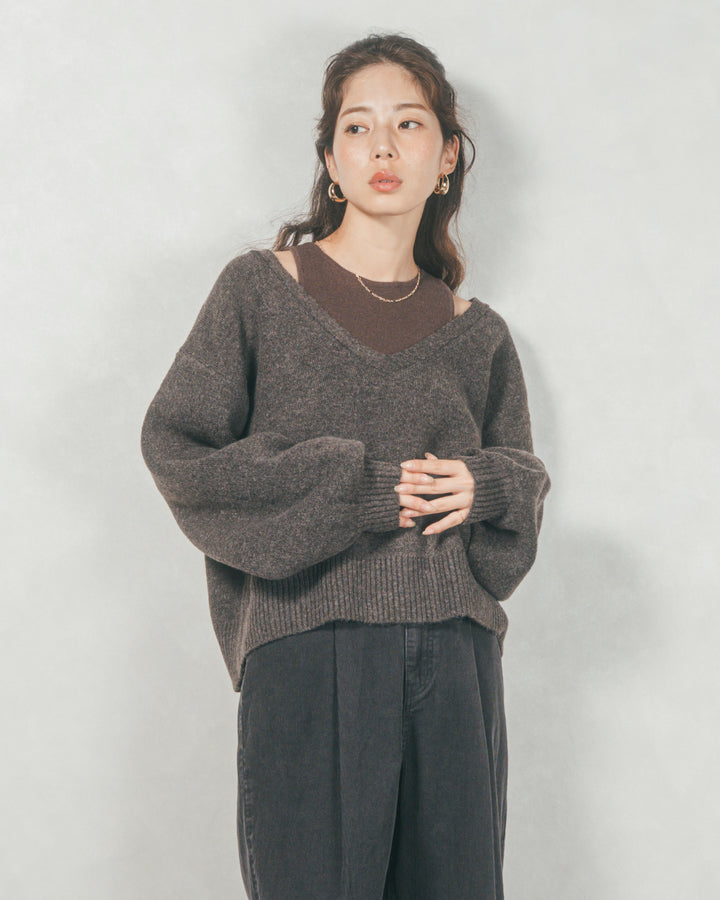 メランジVネックニットレイヤードセット (BROWN x DARK BROWN)