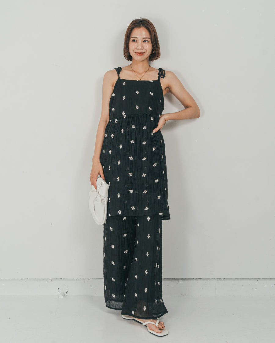 ［SET］ショルダーリボン刺繍Veilキャミ + 刺繍 Veilロングパンツ（2SET）