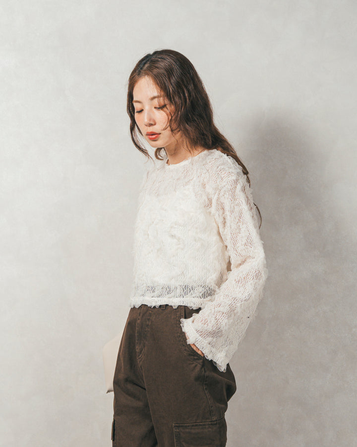 ［SET］チュールメッシュクロップドトップス+すっきり見えカップ付きキャミ+ピグメントツイルカーゴパンツ（3SET）