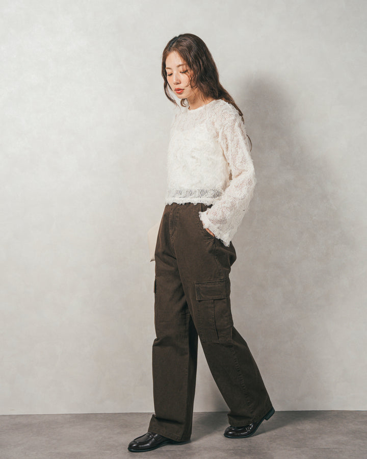 ［SET］チュールメッシュクロップドトップス+すっきり見えカップ付きキャミ+ピグメントツイルカーゴパンツ（3SET）