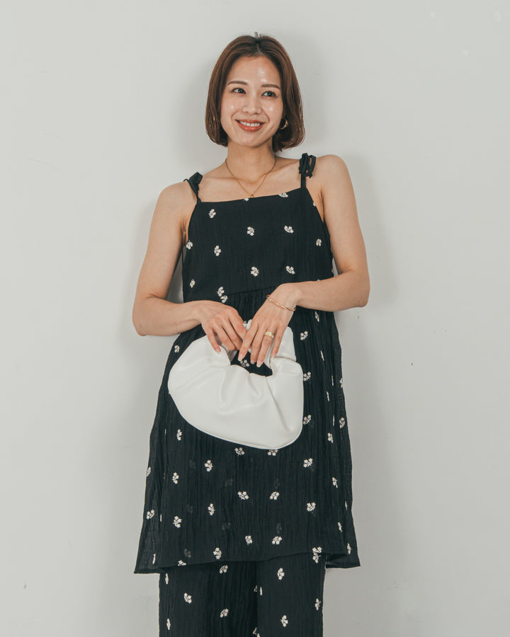 ［SET］ショルダーリボン刺繍Veilキャミ + 刺繍 Veilロングパンツ（2SET）