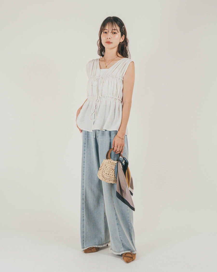 ［SET］リネンタッチShirringリボンブラウス + 10oz ニュアンスバイカラー リラックスワイドデニム（2SET）