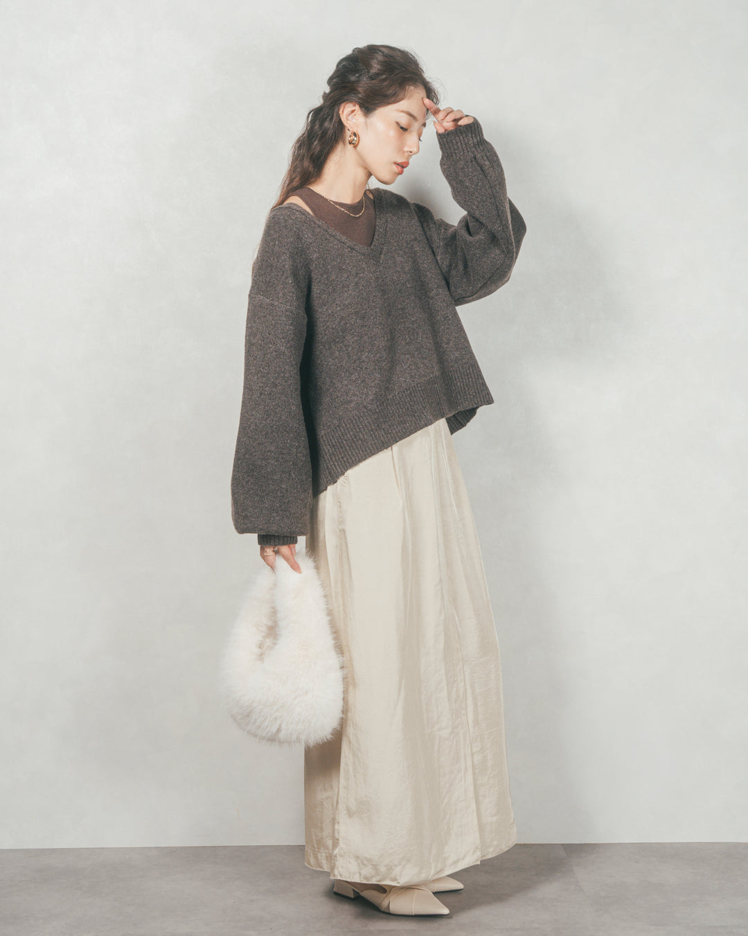 メランジVネックニットレイヤードセット (BROWN x DARK BROWN)