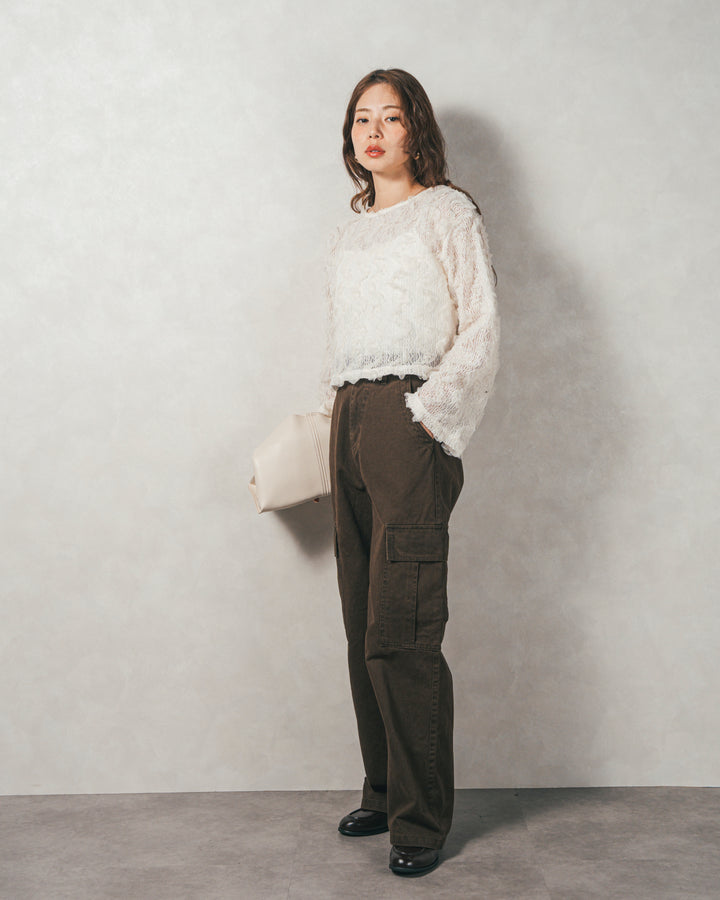 ［SET］チュールメッシュクロップドトップス+すっきり見えカップ付きキャミ+ピグメントツイルカーゴパンツ（3SET）