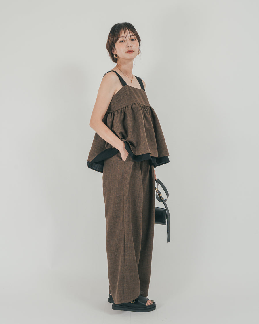 ［SET］スラブTweedバイカラーティアードキャミ + スラブTweedタックワイドパンツ（2SET）