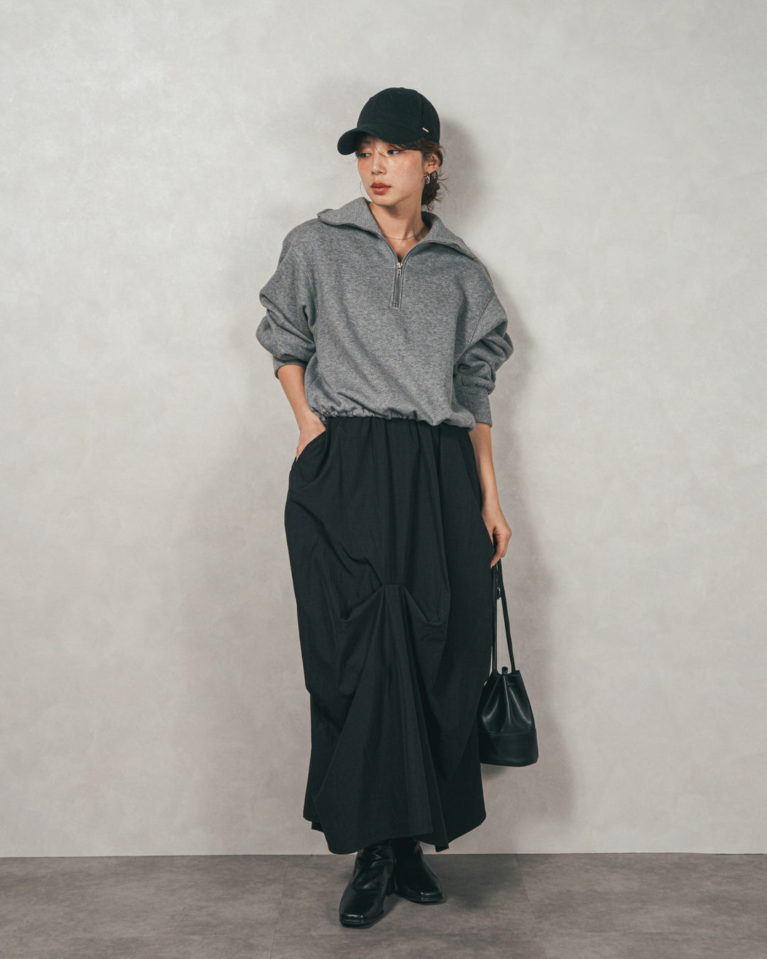 ［SET］裏起毛ハーフZipスウェット+ヴィンテージブロードランダムタックスカート（2SET）