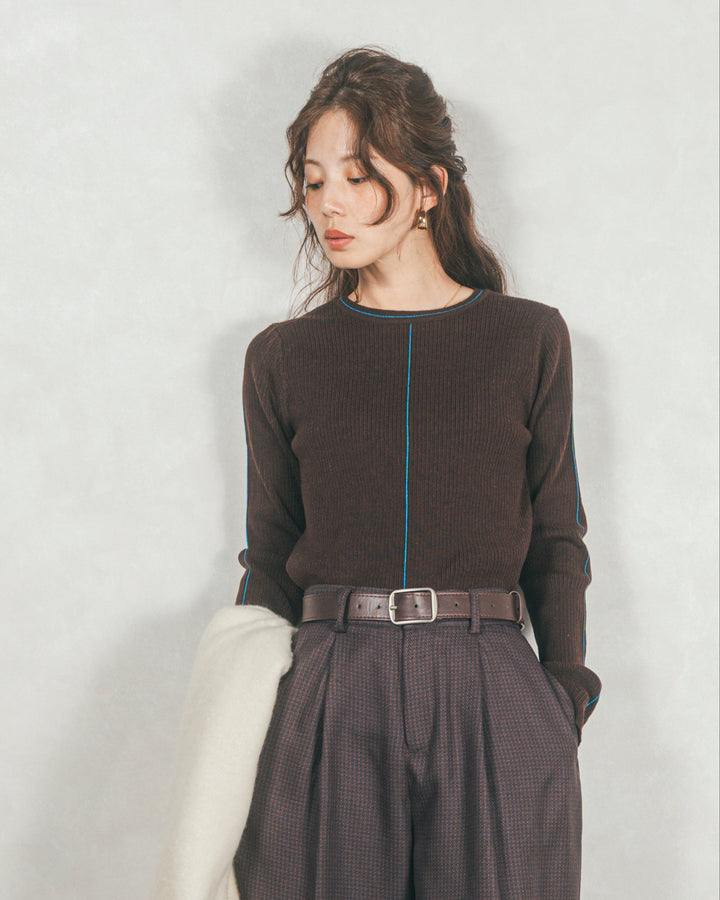 Line Rib クルーネックニット（BROWN)
