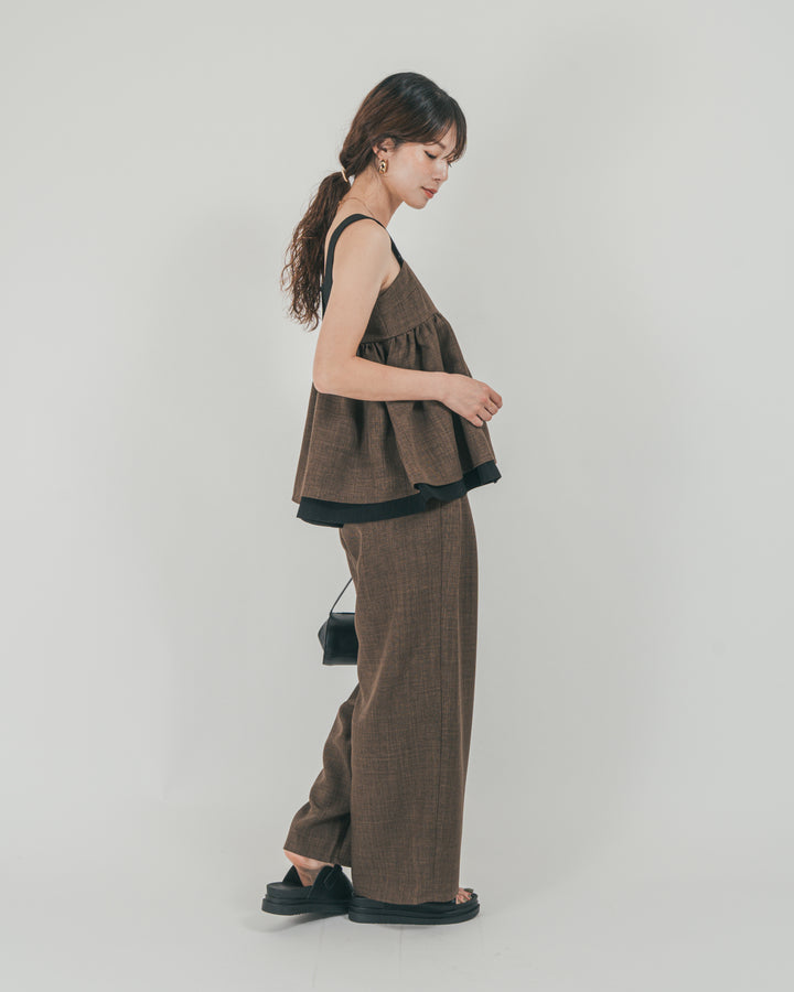 ［SET］スラブTweedバイカラーティアードキャミ + スラブTweedタックワイドパンツ（2SET）