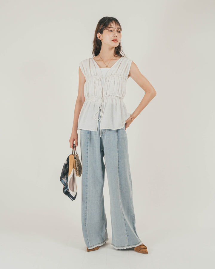 ［SET］リネンタッチShirringリボンブラウス + 10oz ニュアンスバイカラー リラックスワイドデニム（2SET）