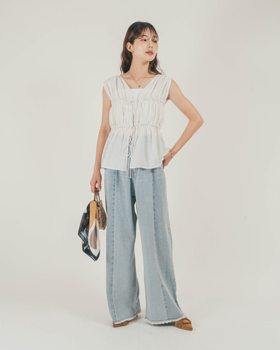 ［SET］リネンタッチShirringリボンブラウス + 10oz ニュアンスバイカラー リラックスワイドデニム（2SET）