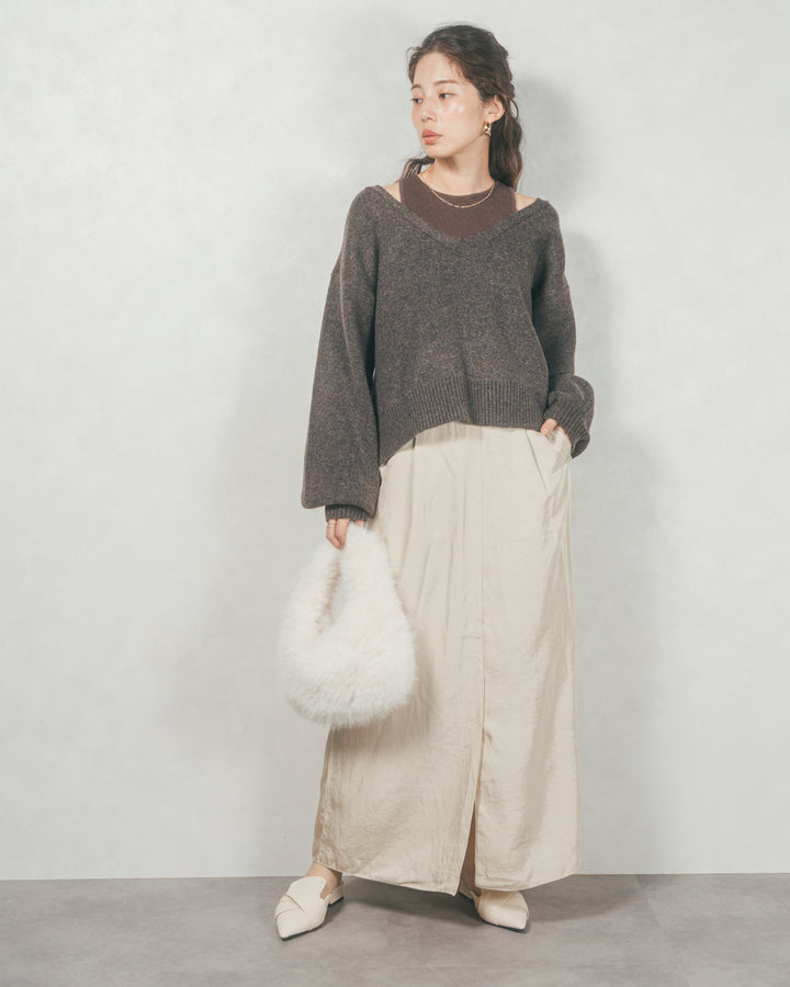 ［SET］メランジVネックニットレイヤードセット+Mellowサテン セミフレアスカート（2SET）