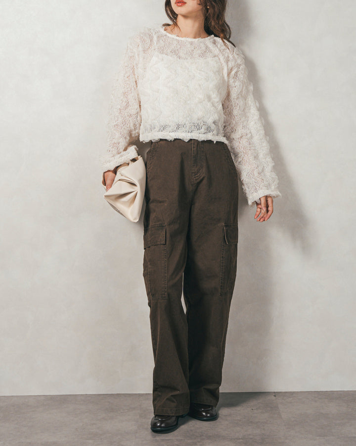 ［SET］チュールメッシュクロップドトップス+すっきり見えカップ付きキャミ+ピグメントツイルカーゴパンツ（3SET）