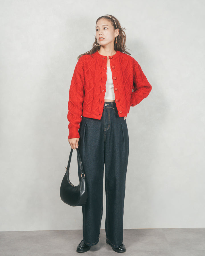 ［SET］ケーブルKnitクルーカーディガン+ワイドTuckイージーデニム（2SET）
