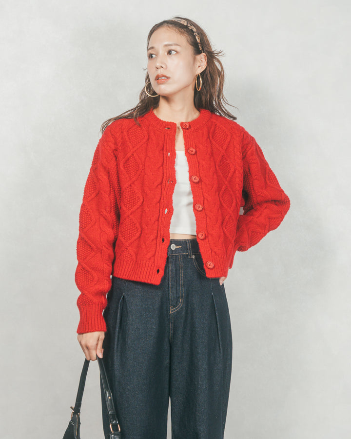 ケーブルKnitクルーカーディガン (RED)
