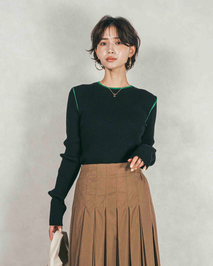 バイカラークルーネックニットトップス (BLACK x GREEN)