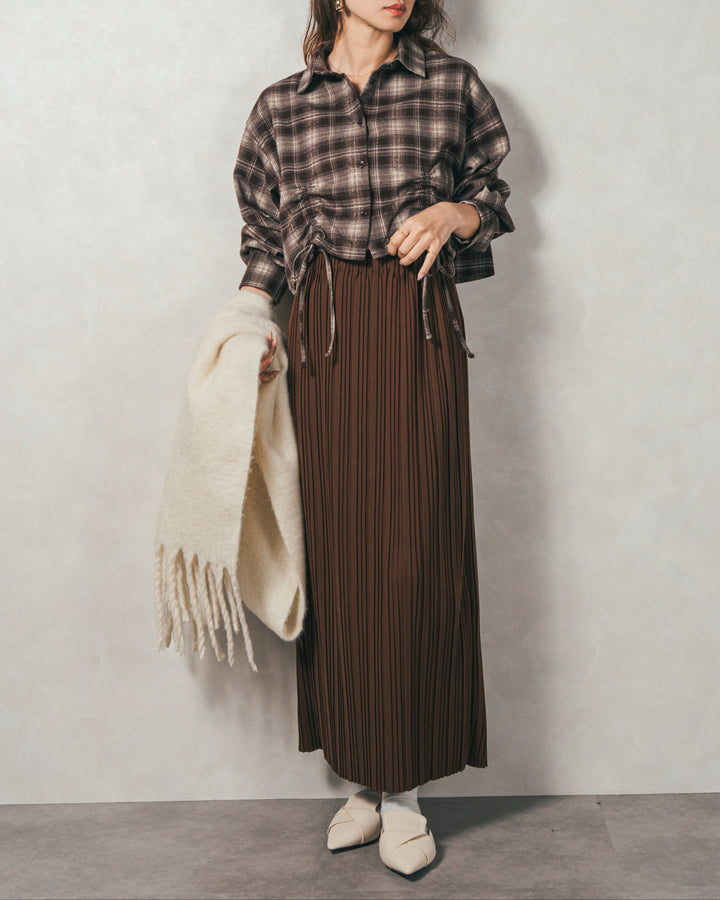 ［SET］裾ドロストクロップドチェックシャツ+プリーツNarrowロングスカート（2SET）
