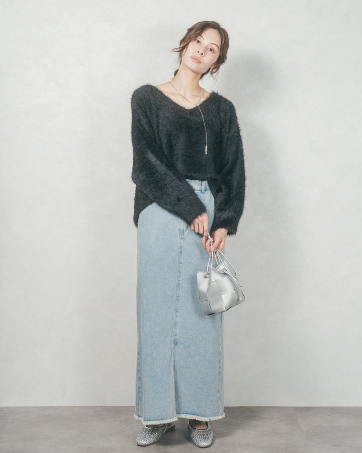 フロントスリット Iラインデニムスカート (LIGHT BLUE)
