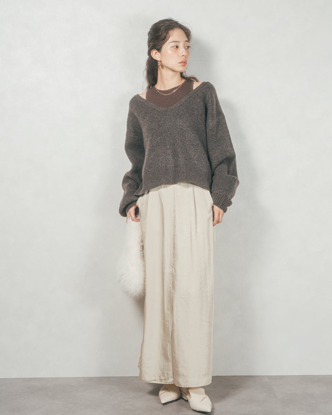 メランジVネックニットレイヤードセット (BROWN x DARK BROWN)
