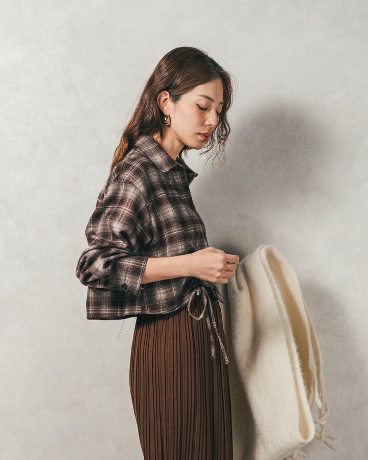 ［SET］裾ドロストクロップドチェックシャツ+プリーツNarrowロングスカート（2SET）